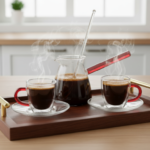 Luciano Borosilicate 6PC Amber 2xDouble Wall Cups and Saucers with 350ml Glass Kettle and Long Handle Glass Spoon