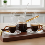 Luciano Borosilicate 6PC Yellow 2xDouble Wall Cups and Saucers with 350ml Glass Kettle and Long Handle Glass Spoon