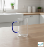 Luciano 270ml High Borosilicate Single Wall Square Glass Cup with Blue Handle White Box